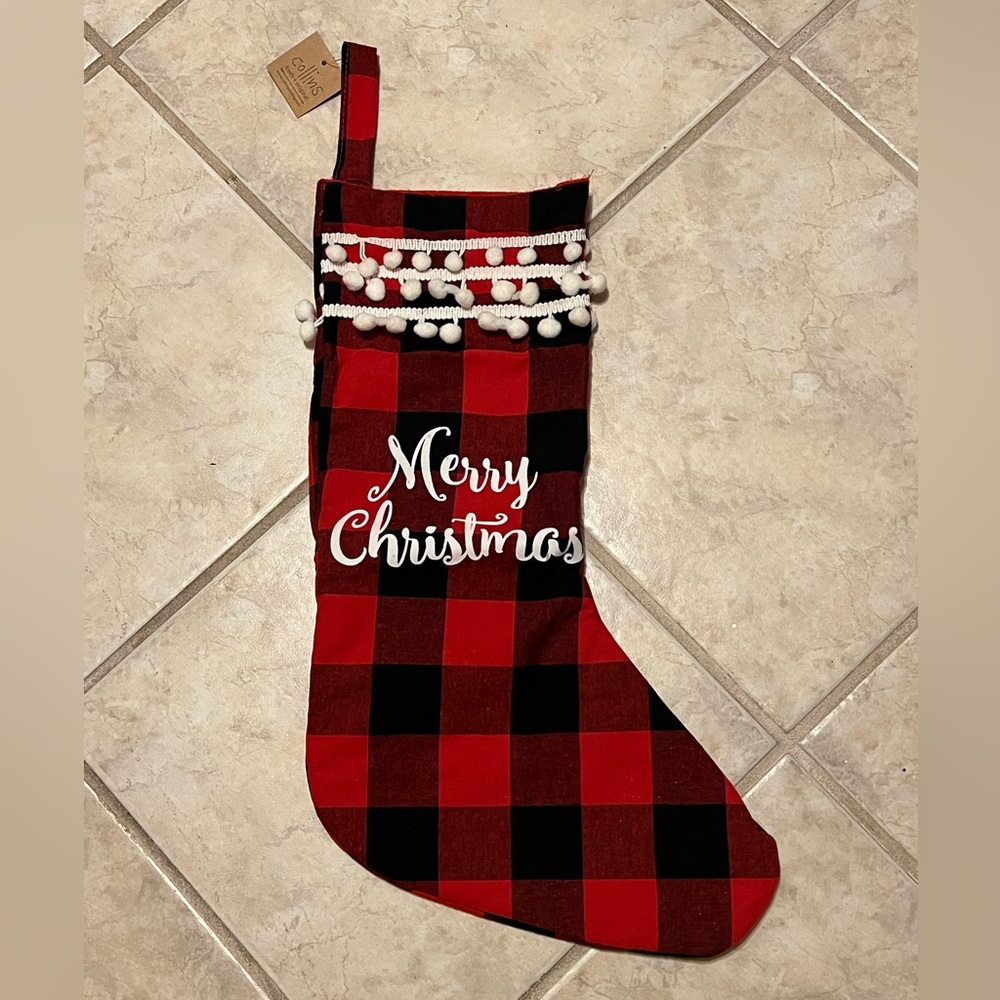Collins Red Black Buffalo Plaid Merry Christmas Pom Trim Stockings NWT